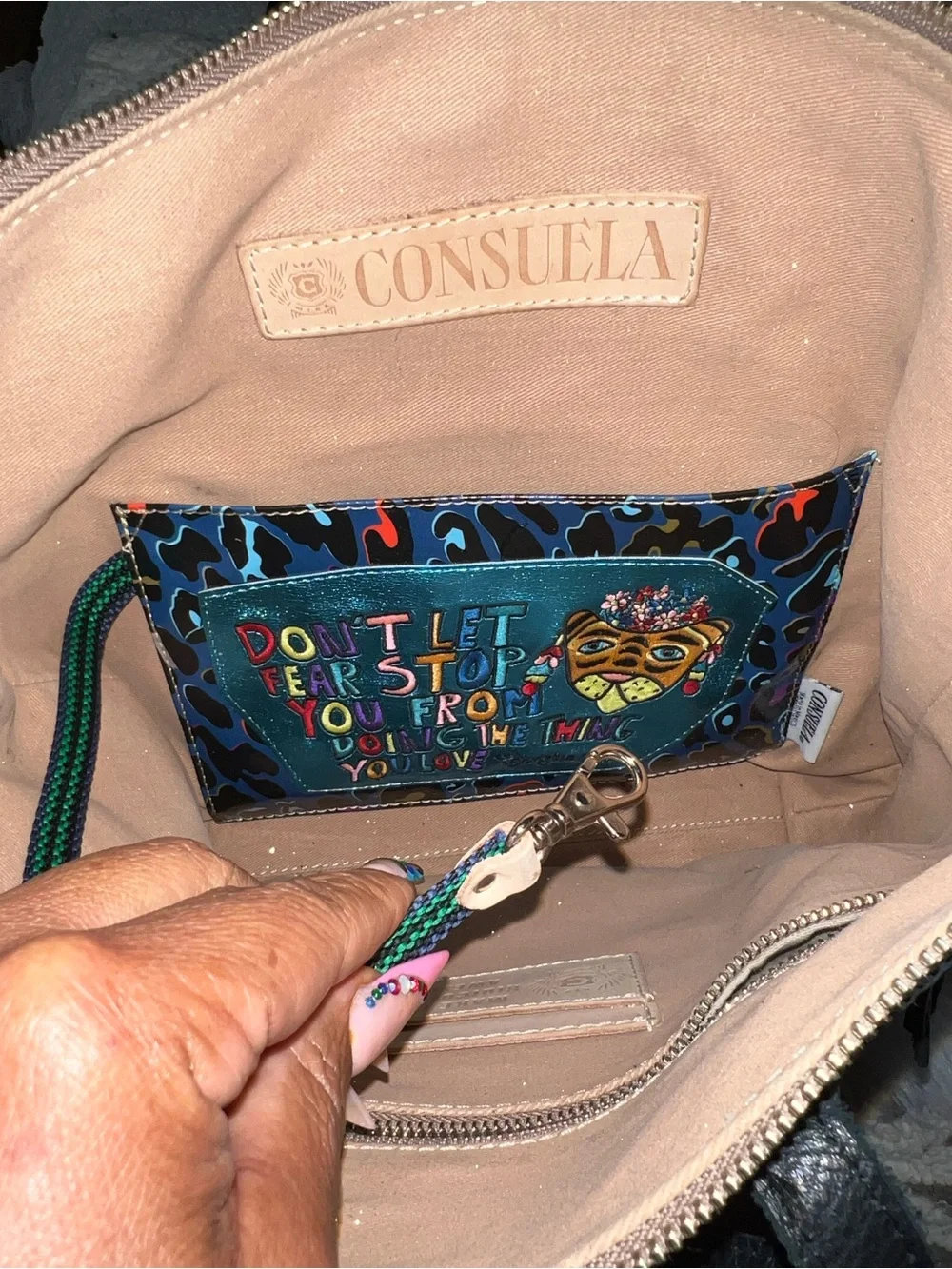 Consuela Black Leather Messenger Tote with Green-Blue Striped Strap, Cyndi Sling